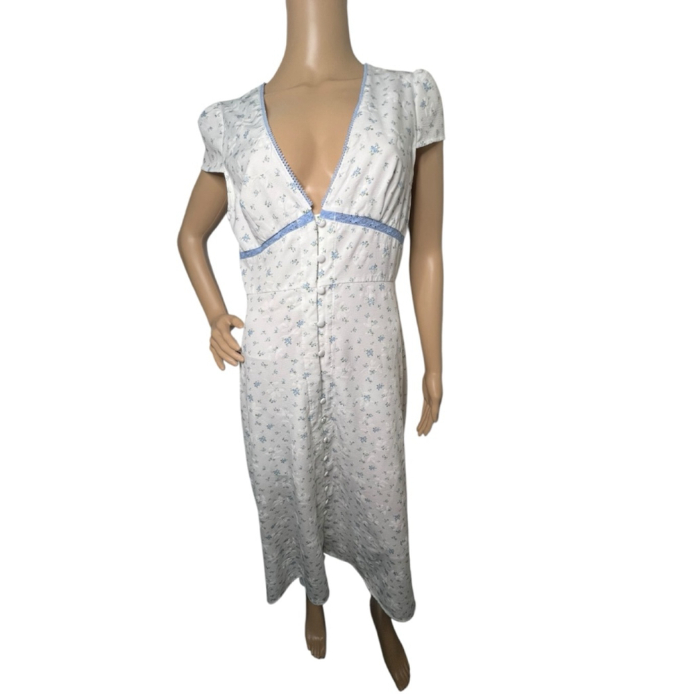 Cider Cottagecore Floral Pattern Button Up Short Sleeve V-Neck Dress